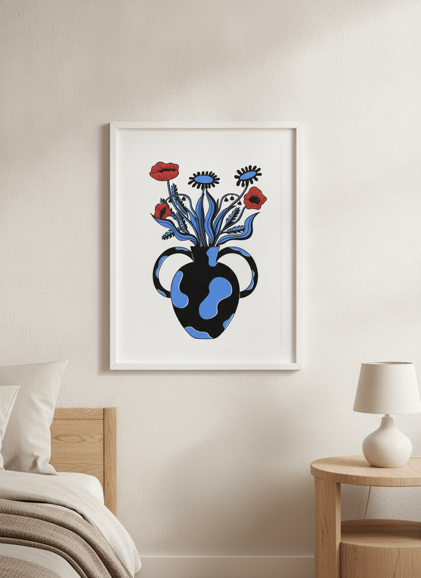 Minimalist artwork displayed in a calm, light-filled bedroom interior
