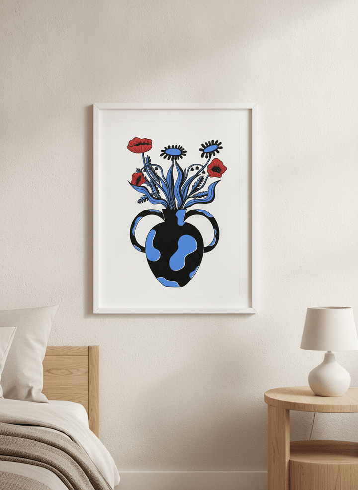Minimalist artwork displayed in a calm, light-filled bedroom interior