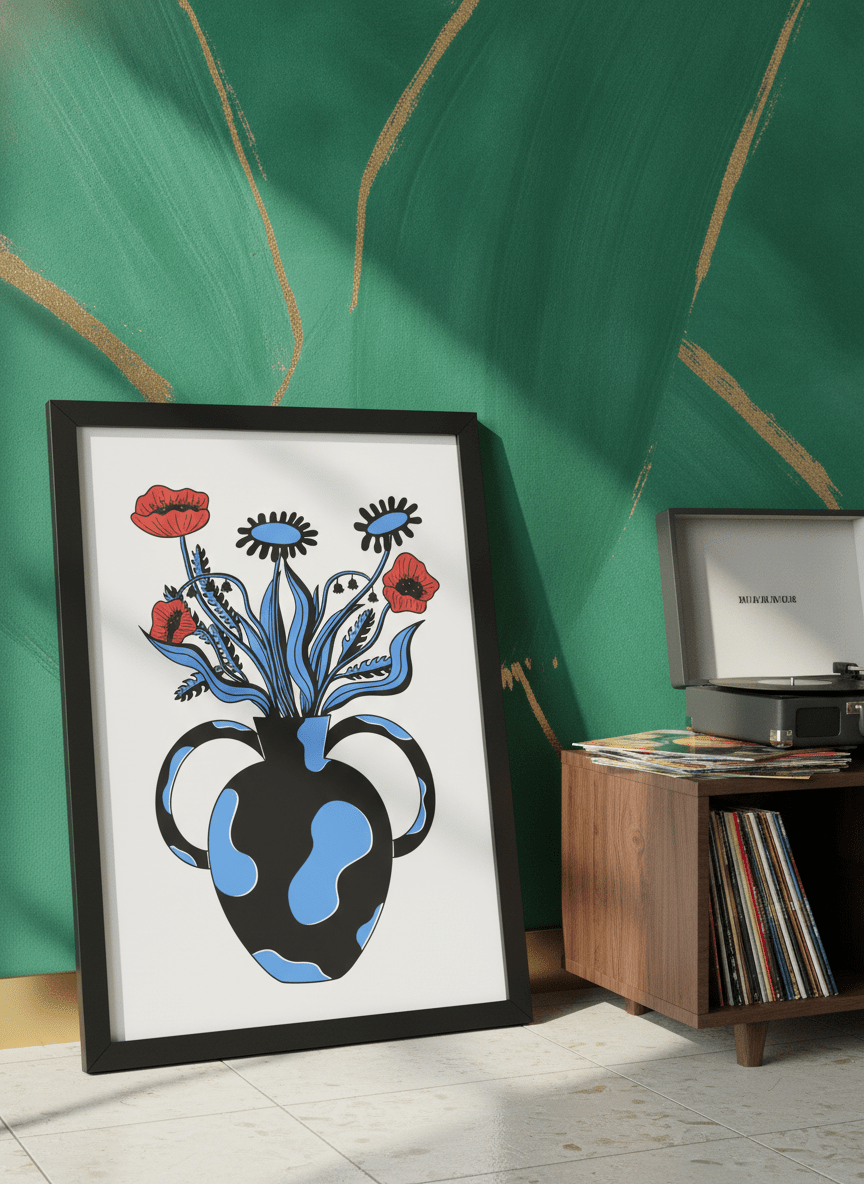 Bold wall art styled in a colourful, eclectic modern home