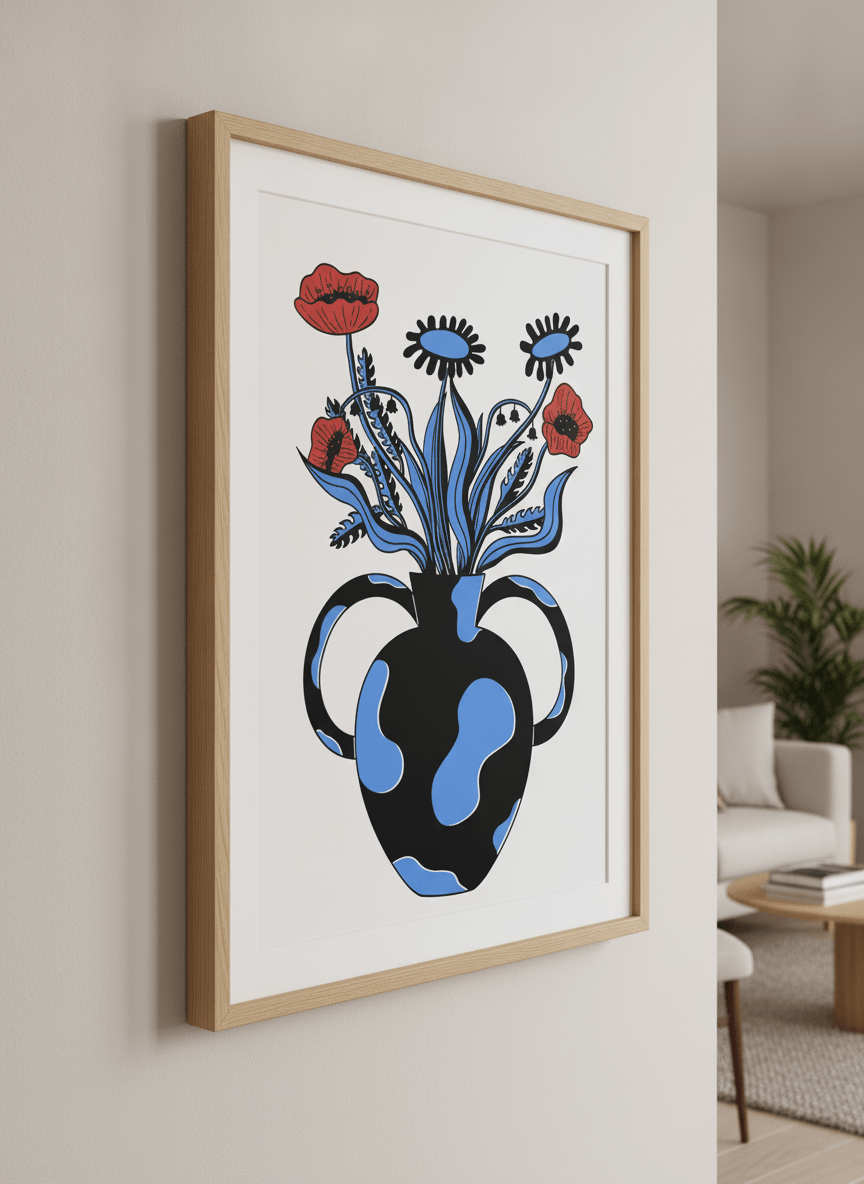 Modern wall art styled above a sofa in a neutral living room