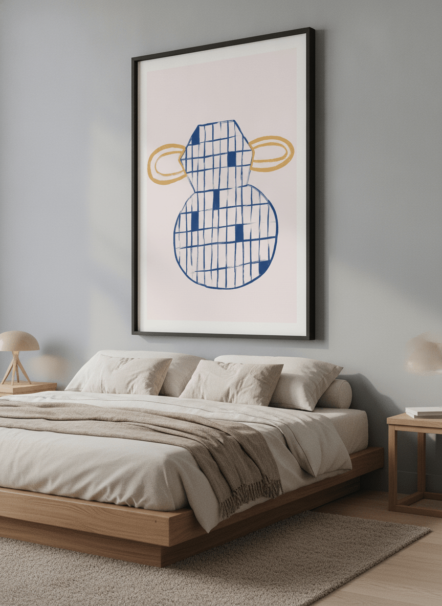 Minimalist artwork displayed in a calm, light-filled bedroom interior