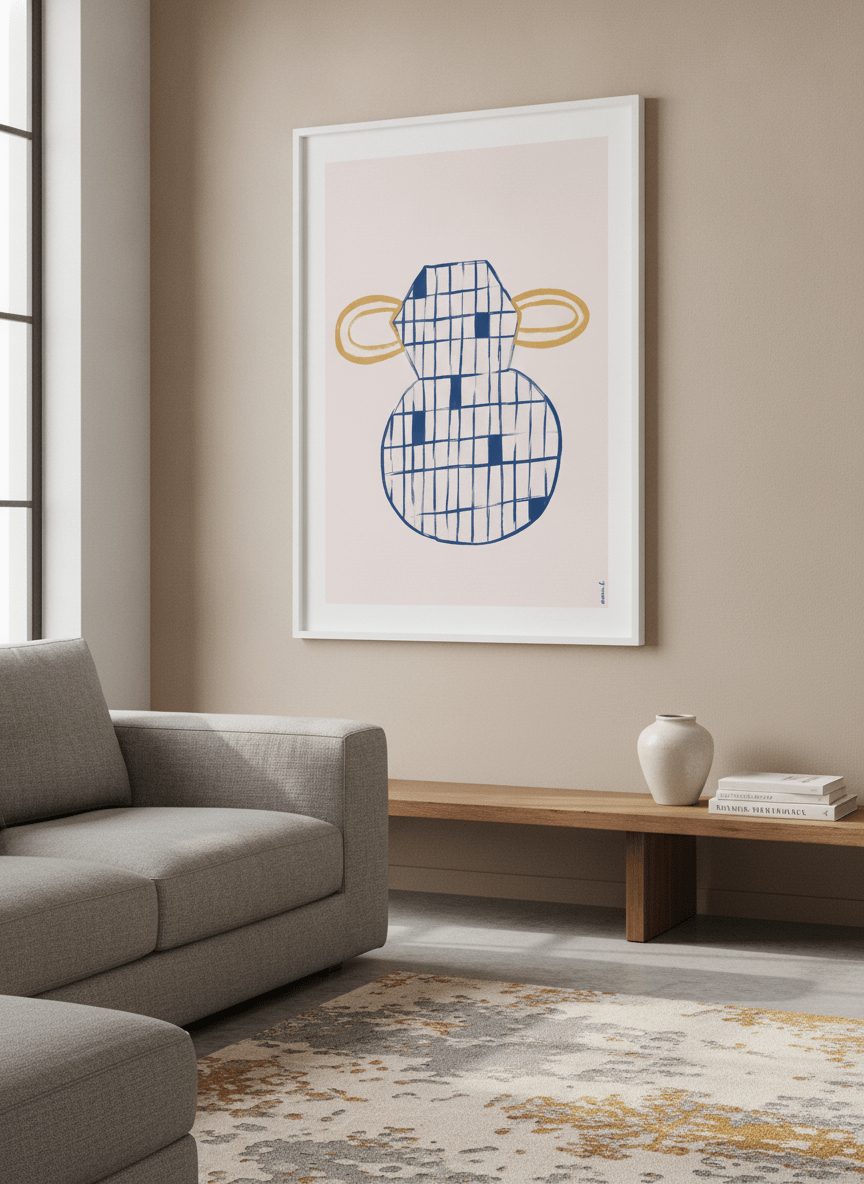 Modern wall art styled above a sofa in a neutral living room
