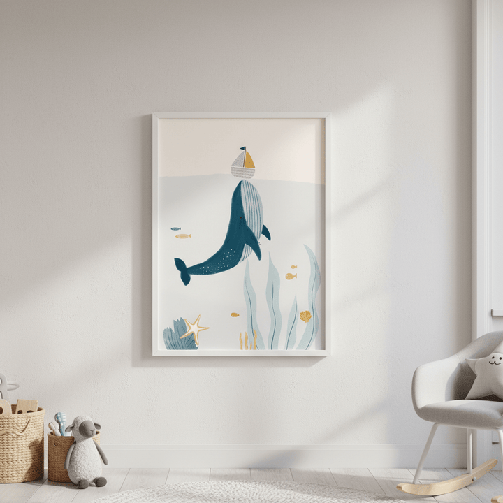 Blue Whale Sailing Boat by Menina Lisboa wall - art - picture - poster