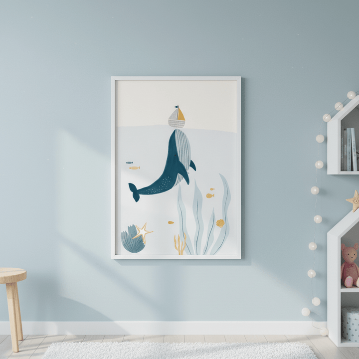 Blue Whale Sailing Boat by Menina Lisboa wall - art - picture - poster