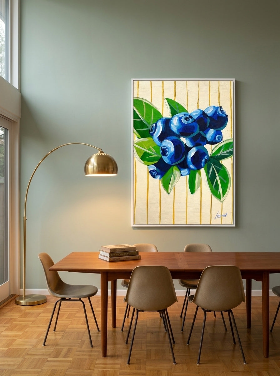 Oversized statement modern wall art print styled on the wall in a mid-century dining room