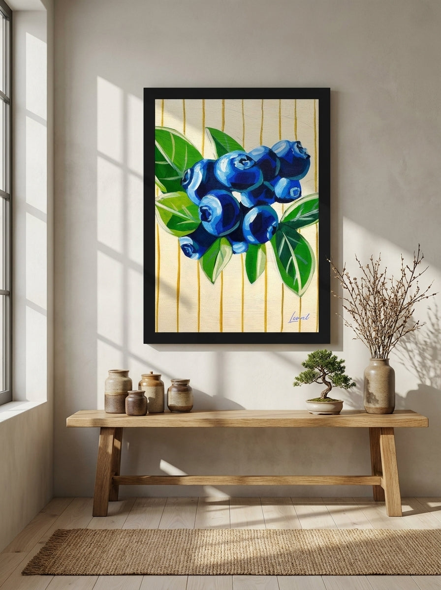 Modern wall art print styled on the wall in a warm Japandi kitchen