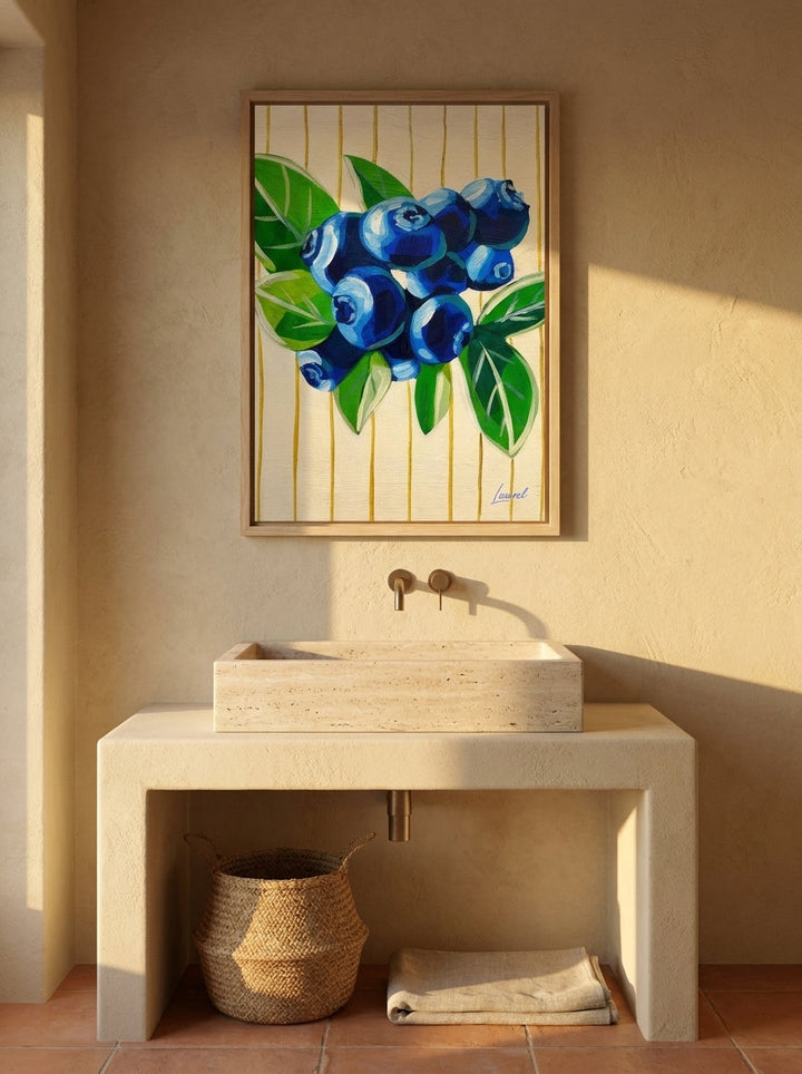 Modern wall art print styled on the wall in a Mediterranean bathroom