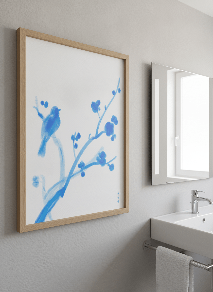 Modern print displayed in a clean minimalist bathroom setting