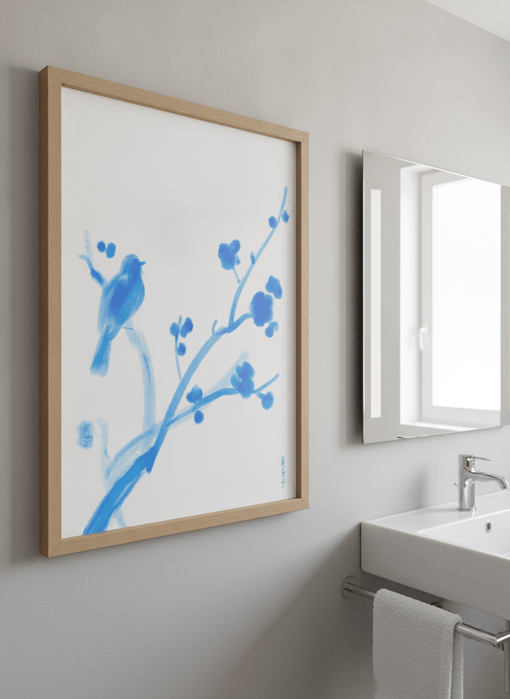 Modern print displayed in a clean minimalist bathroom setting