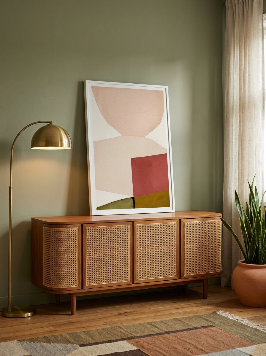 Modern wall art print standing on a sideboard in a mid-century home office