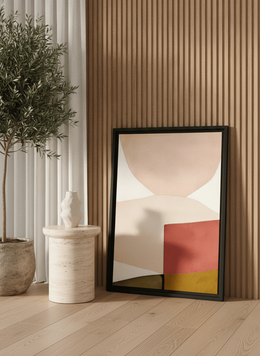 Modern wall art print leaning against the wall in a luxe living room