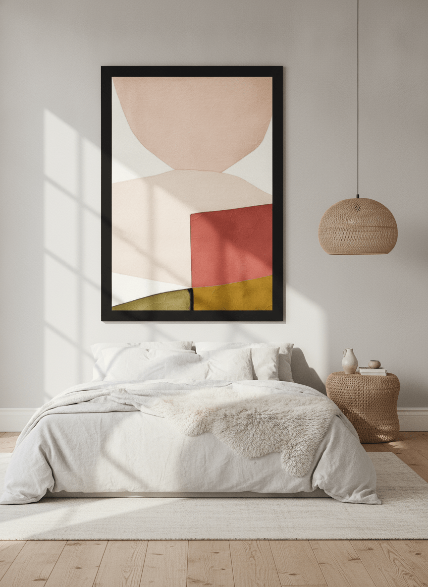 Oversized statement modern wall art print styled on the wall in a bright Scandinavian bedroom