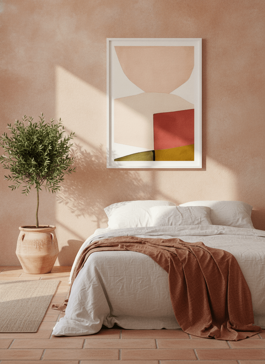 Modern wall art print styled on the wall in a Mediterranean bedroom