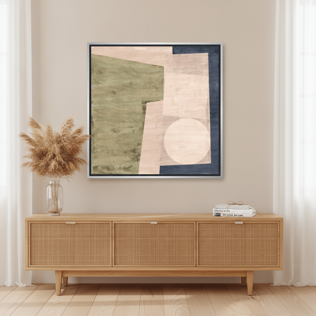 Canvas wall art with a silver leaf surround standing on a sideboard in a coastal home office