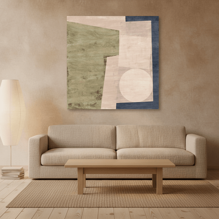 Stretched canvas wall art styled on the wall in a warm Japandi living room