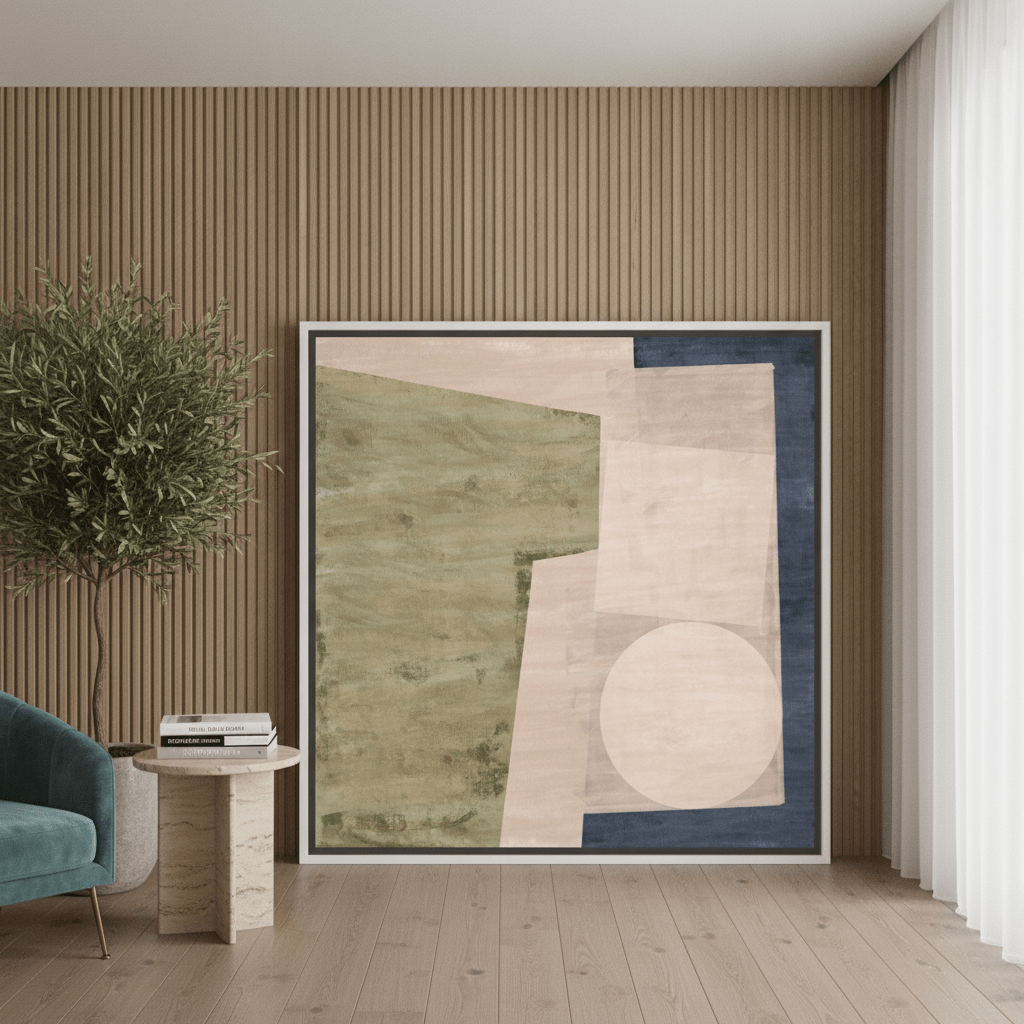 Oversized statement canvas wall art with a white surround leaning against the wall in a luxe living room