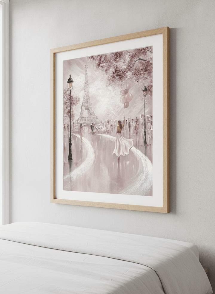 Minimalist artwork displayed in a calm, light-filled bedroom interior