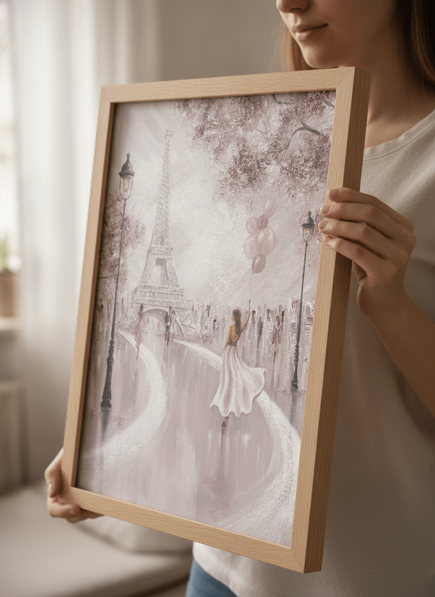 Person showcasing the artwork against a clean modern interior wall