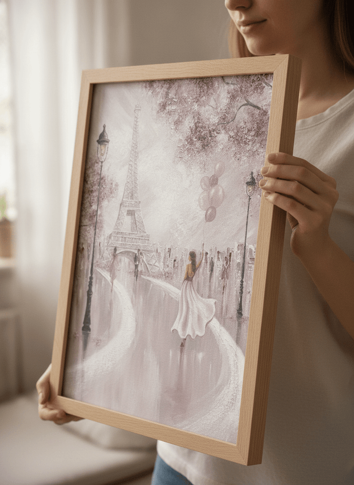 Person showcasing the artwork against a clean modern interior wall