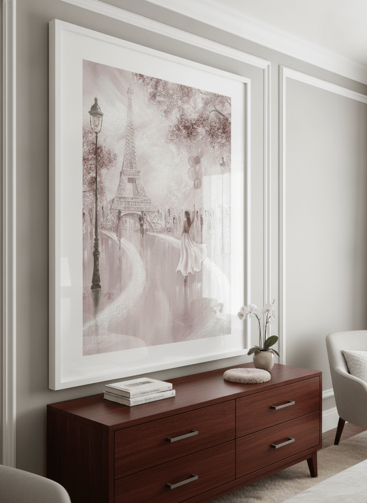 Monumental artwork centred on a feature wall in a luxe interior