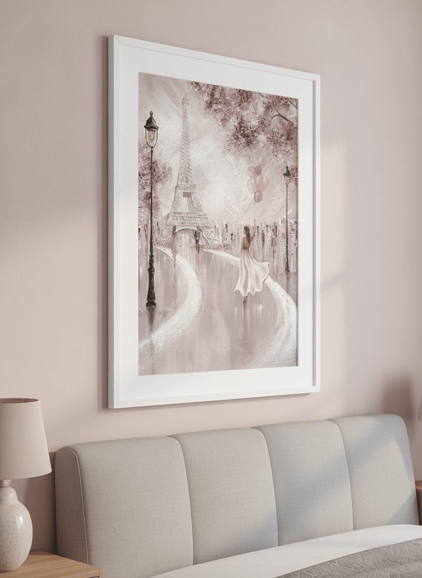 Minimalist artwork displayed in a calm, light-filled bedroom interior