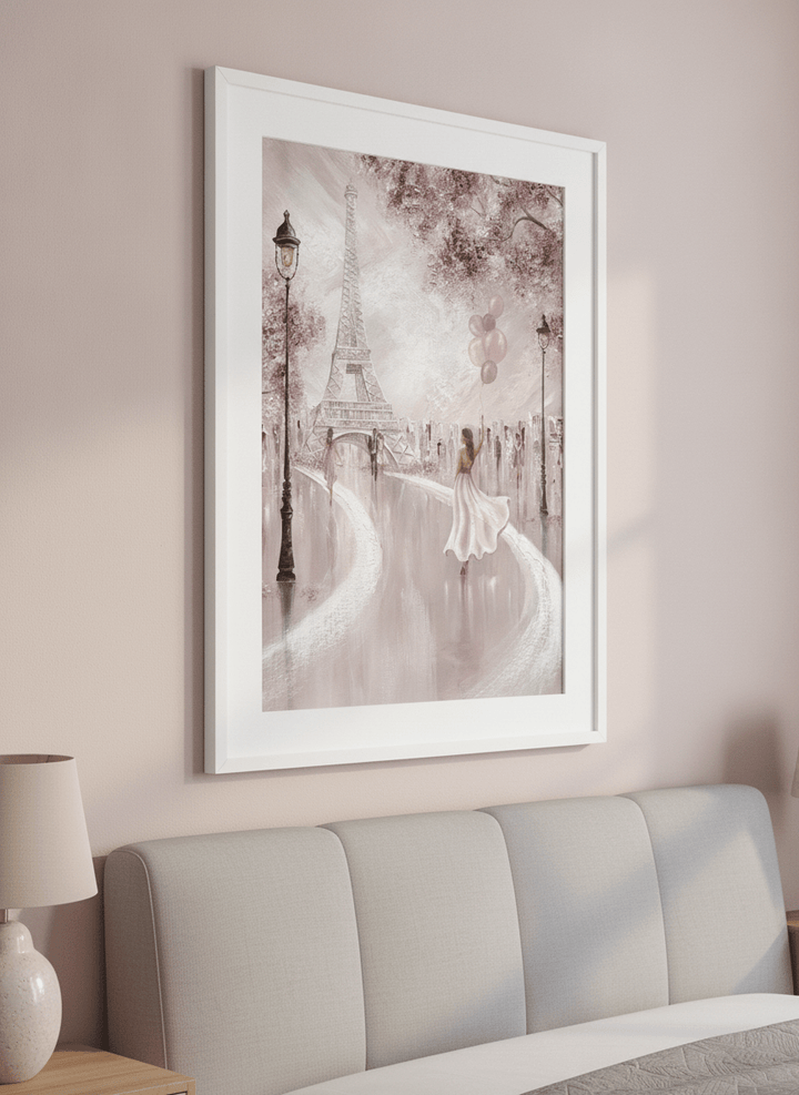 Minimalist artwork displayed in a calm, light-filled bedroom interior