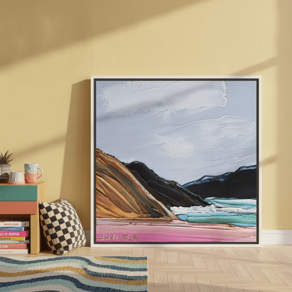Canvas wall art with a white surround leaning against the wall in a colourful eclectic home office