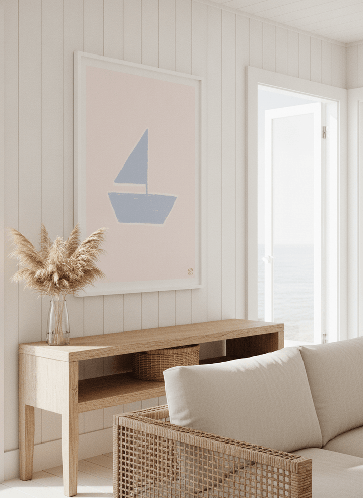 Neutral wall art displayed in a sunny coastal beach house
