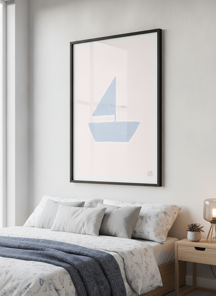 Minimalist artwork displayed in a calm, light-filled bedroom interior