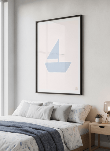 Minimalist artwork displayed in a calm, light-filled bedroom interior