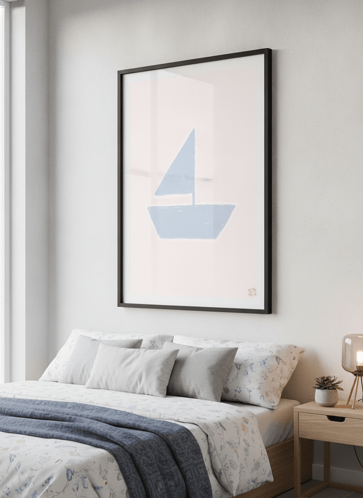 Minimalist artwork displayed in a calm, light-filled bedroom interior
