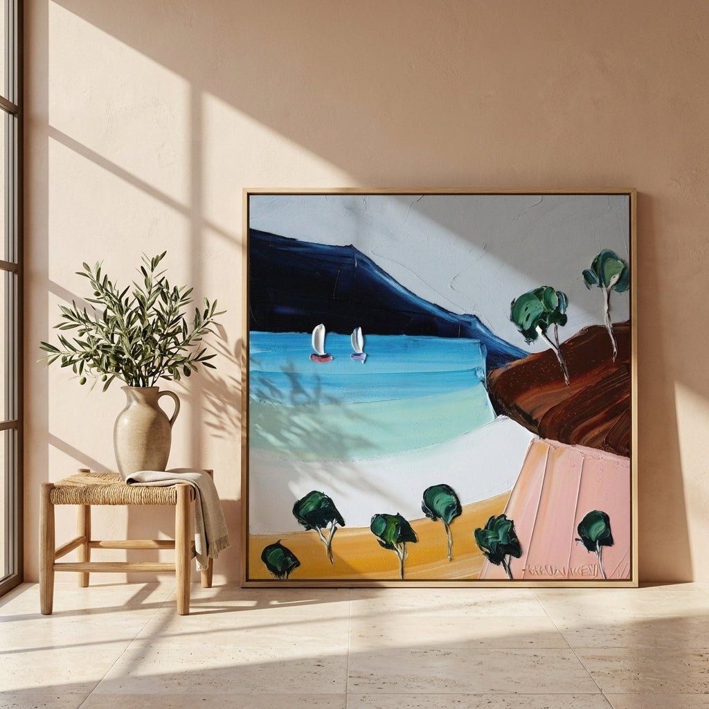 Oversized statement canvas wall art with a natural timber surround leaning against the wall in a Mediterranean living room