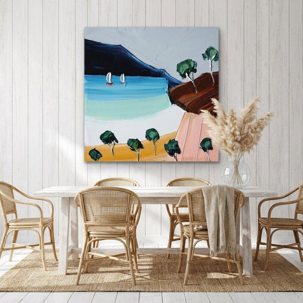 Stretched canvas wall art styled on the wall in a coastal dining room