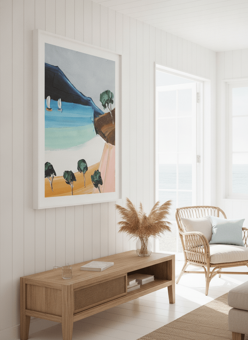 Neutral wall art displayed in a sunny coastal beach house