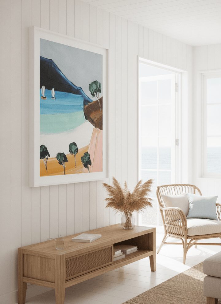 Neutral wall art displayed in a sunny coastal beach house