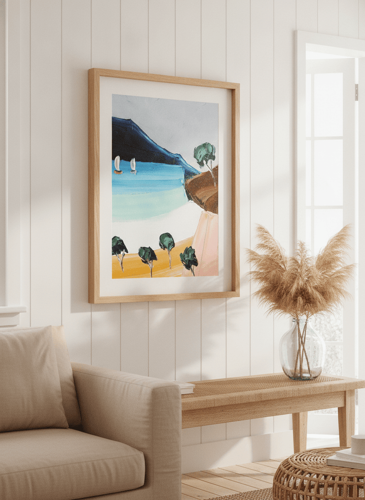 Neutral wall art displayed in a sunny coastal beach house