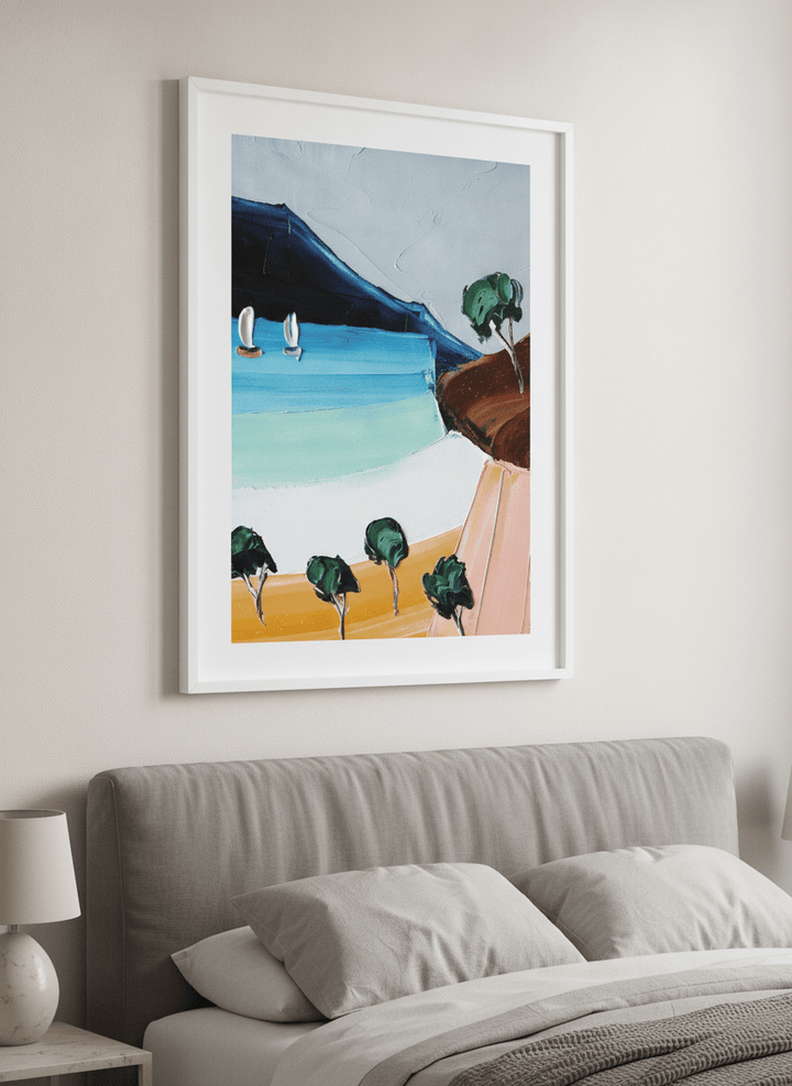 Minimalist artwork displayed in a calm, light-filled bedroom interior