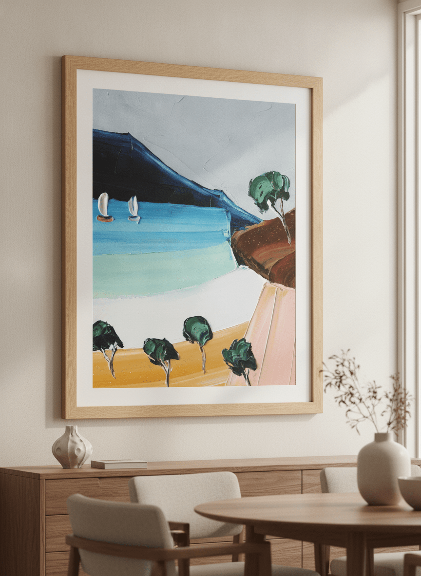 Wall art styled above a dining table in a contemporary home