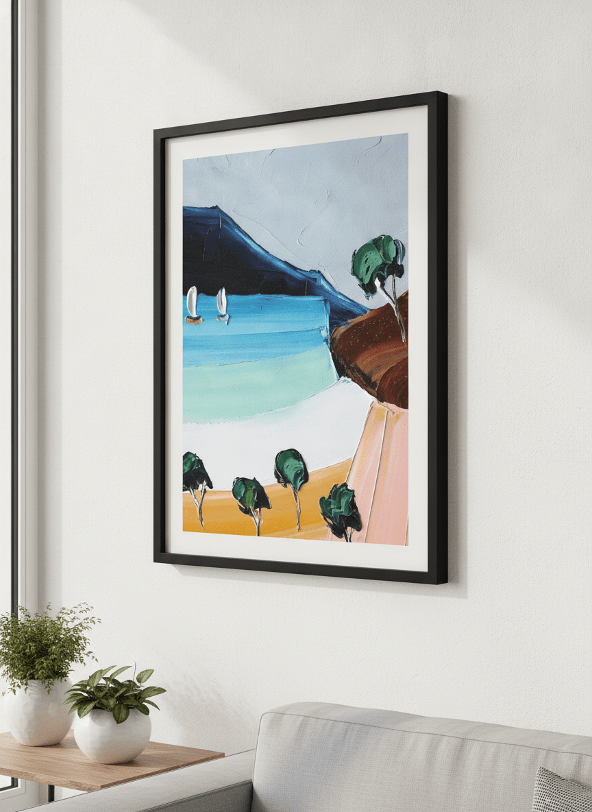 Modern wall art styled above a sofa in a neutral living room