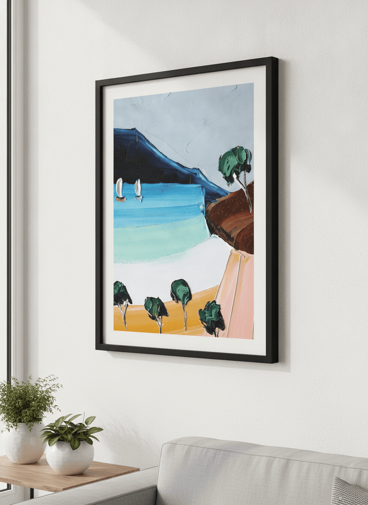 Modern wall art styled above a sofa in a neutral living room