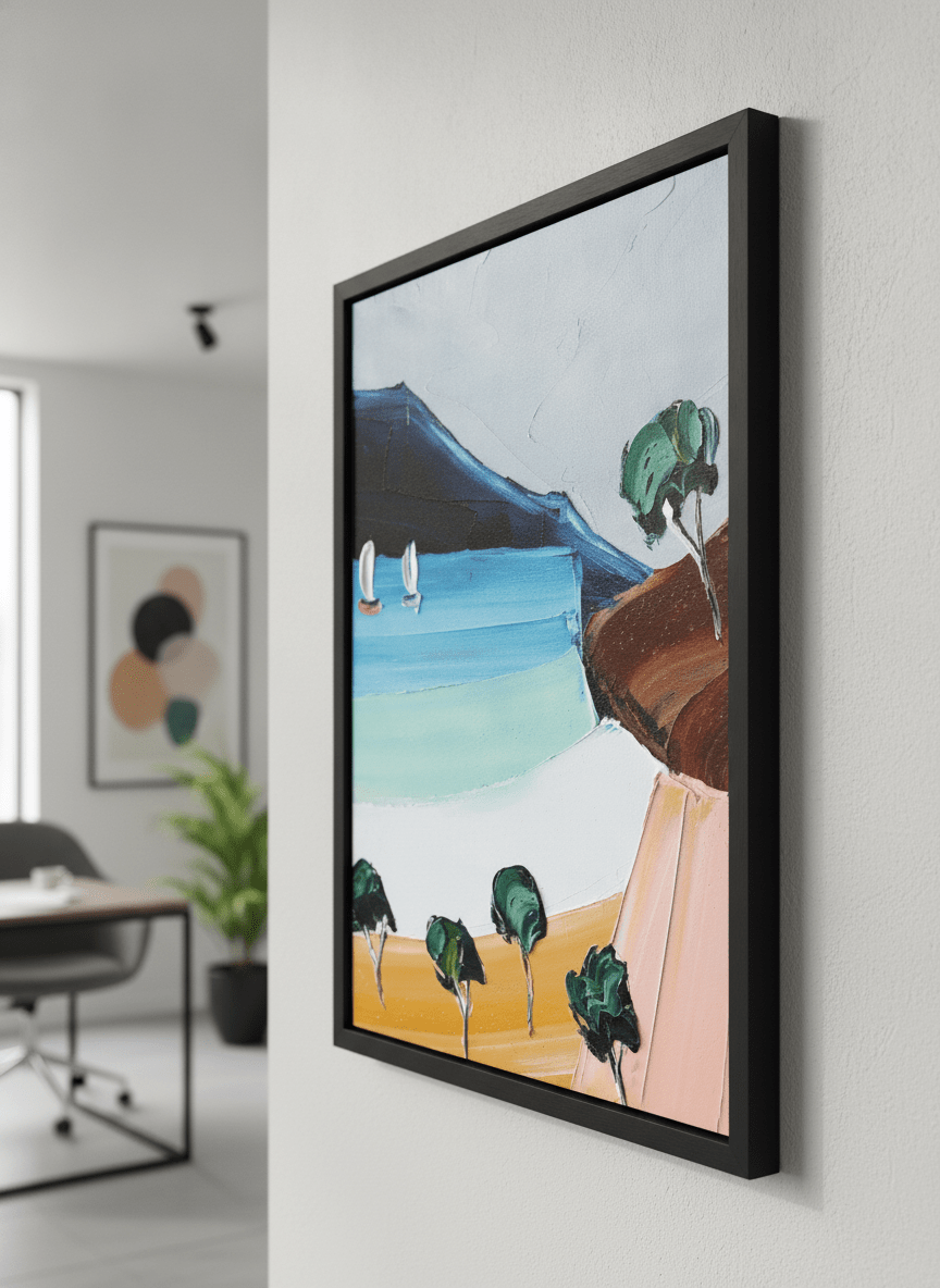 Contemporary wall art featured in a bright modern office workspace