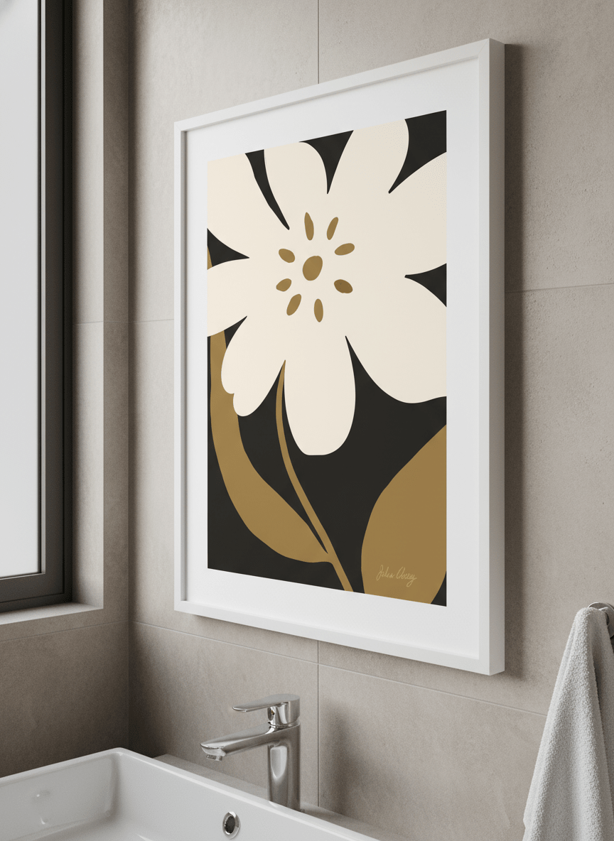 Modern print displayed in a clean minimalist bathroom setting