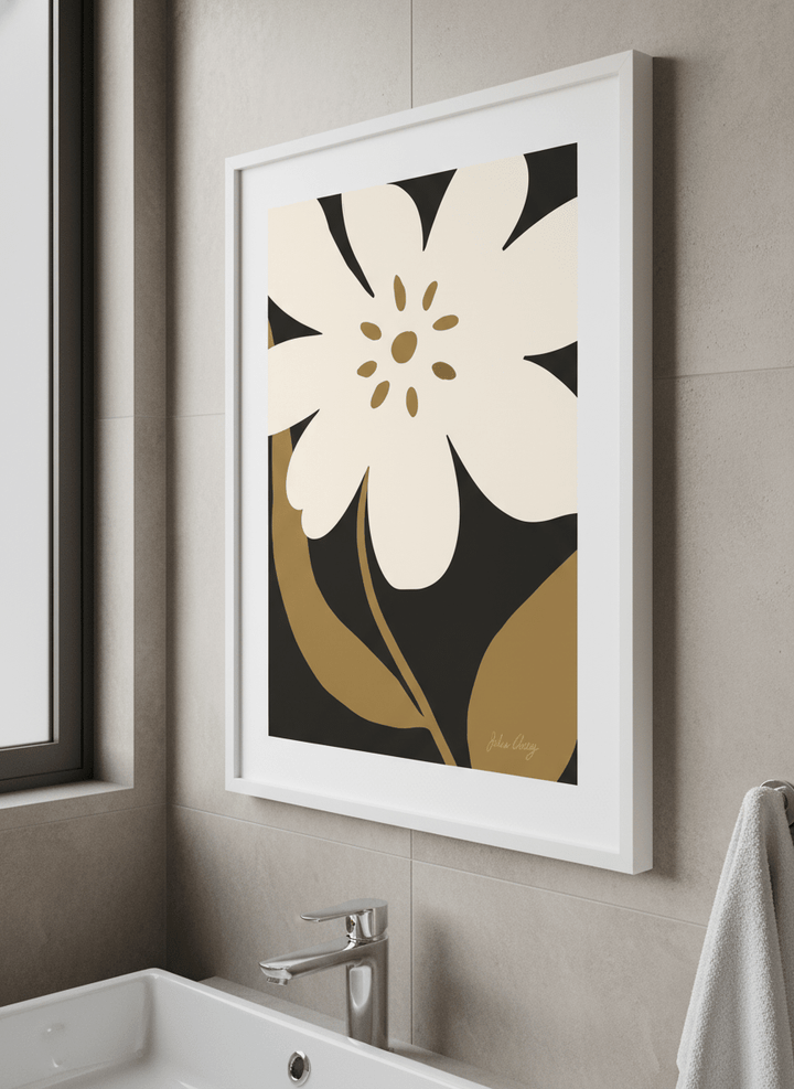 Modern print displayed in a clean minimalist bathroom setting