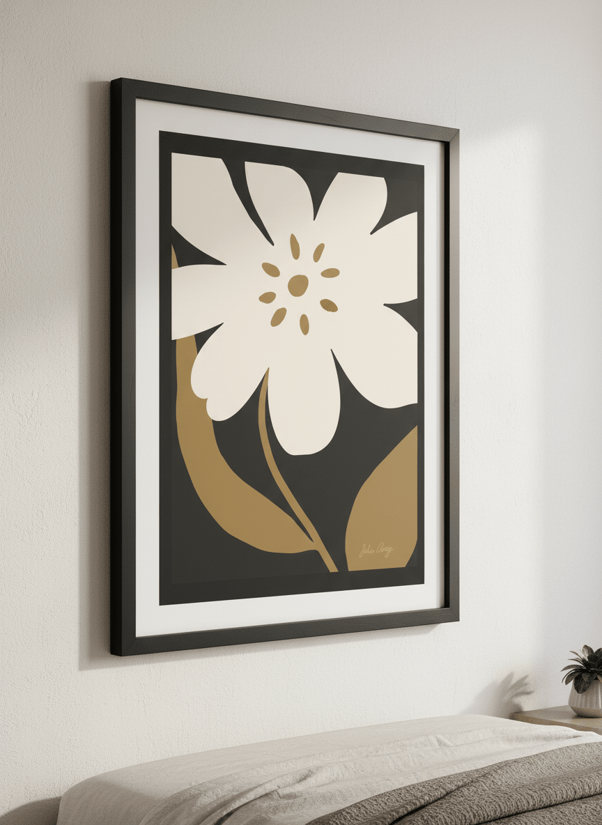 Minimalist artwork displayed in a calm, light-filled bedroom interior