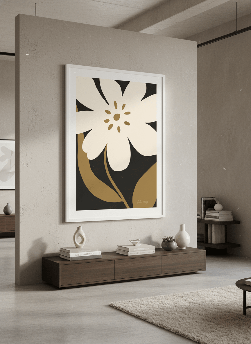 Monumental artwork centred on a feature wall in a luxe interior