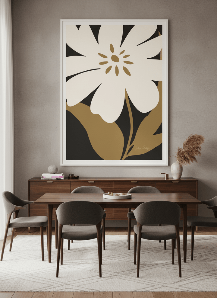 Monumental artwork centred on a feature wall in a luxe interior