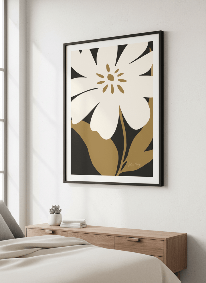 Minimalist artwork displayed in a calm, light-filled bedroom interior