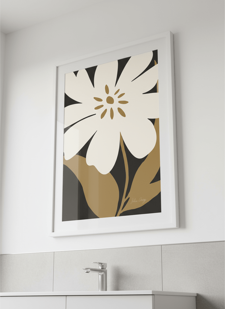 Modern print displayed in a clean minimalist bathroom setting
