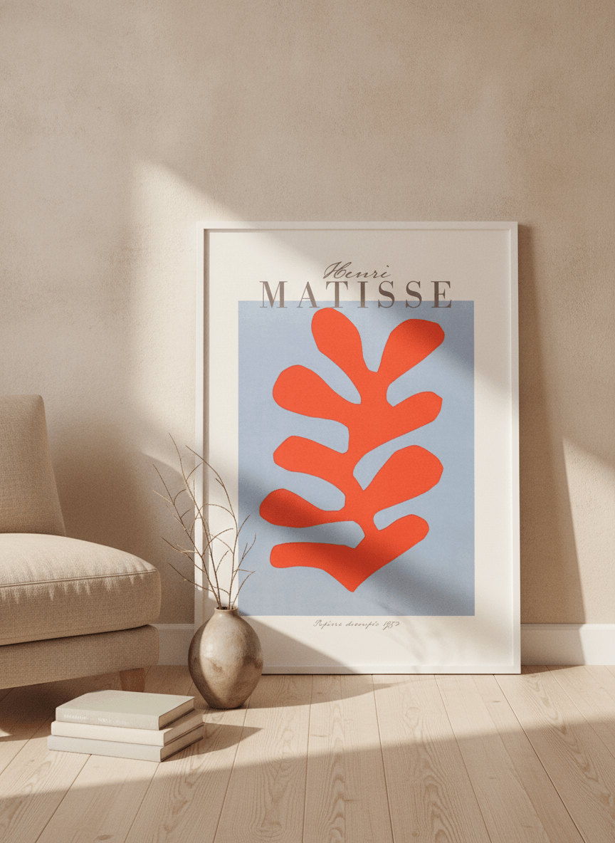 Modern wall art print leaning against the wall in a warm Japandi home office