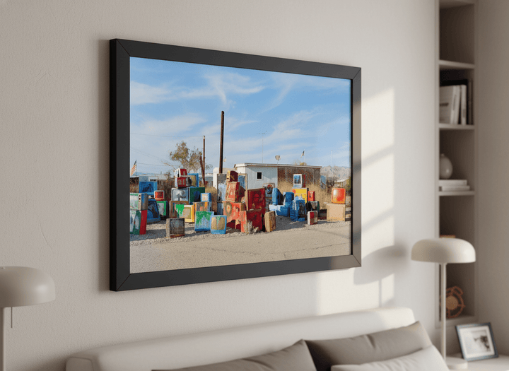 Minimalist artwork displayed in a calm, light-filled bedroom interior